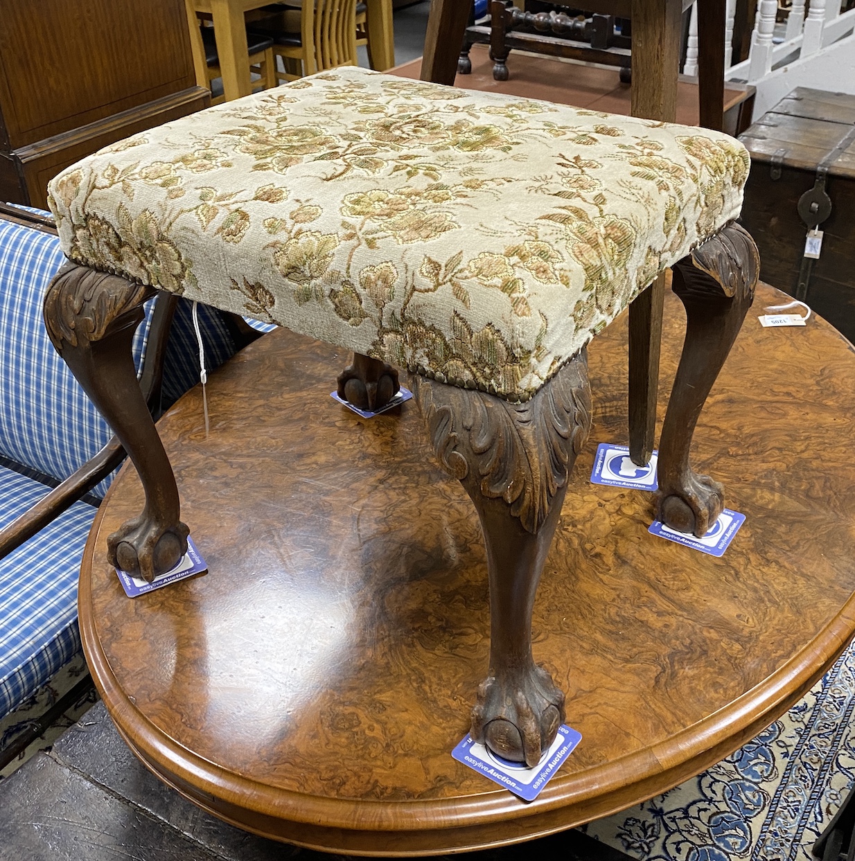 A George II style rectangular mahogany dressing stool, width 57cm, depth 50cm, height 50cm